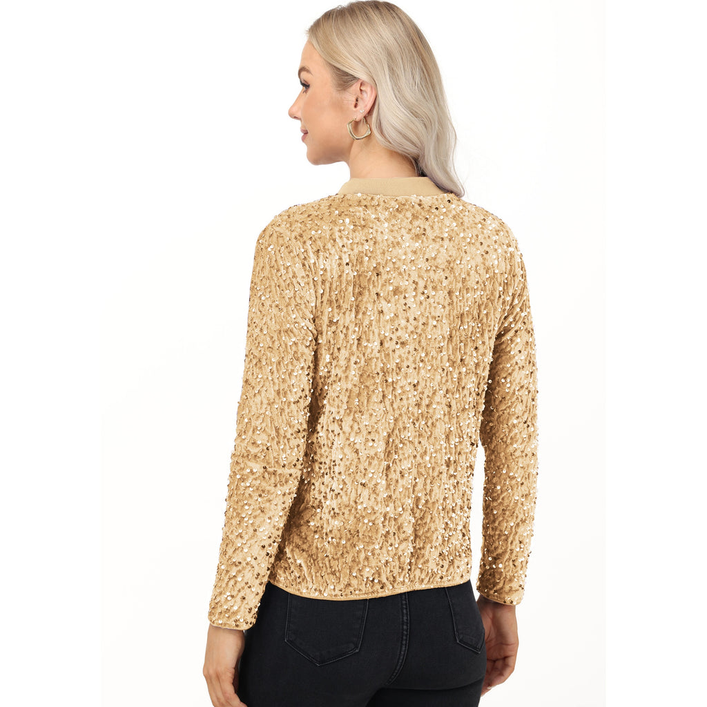 Anna-Kaci Women's Sequin Bomber Jacket with Front Zipper Closure and Ribbed Trim