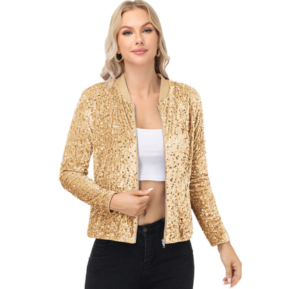 Anna-Kaci Women's Sequin Bomber Jacket with Front Zipper Closure and Ribbed Trim