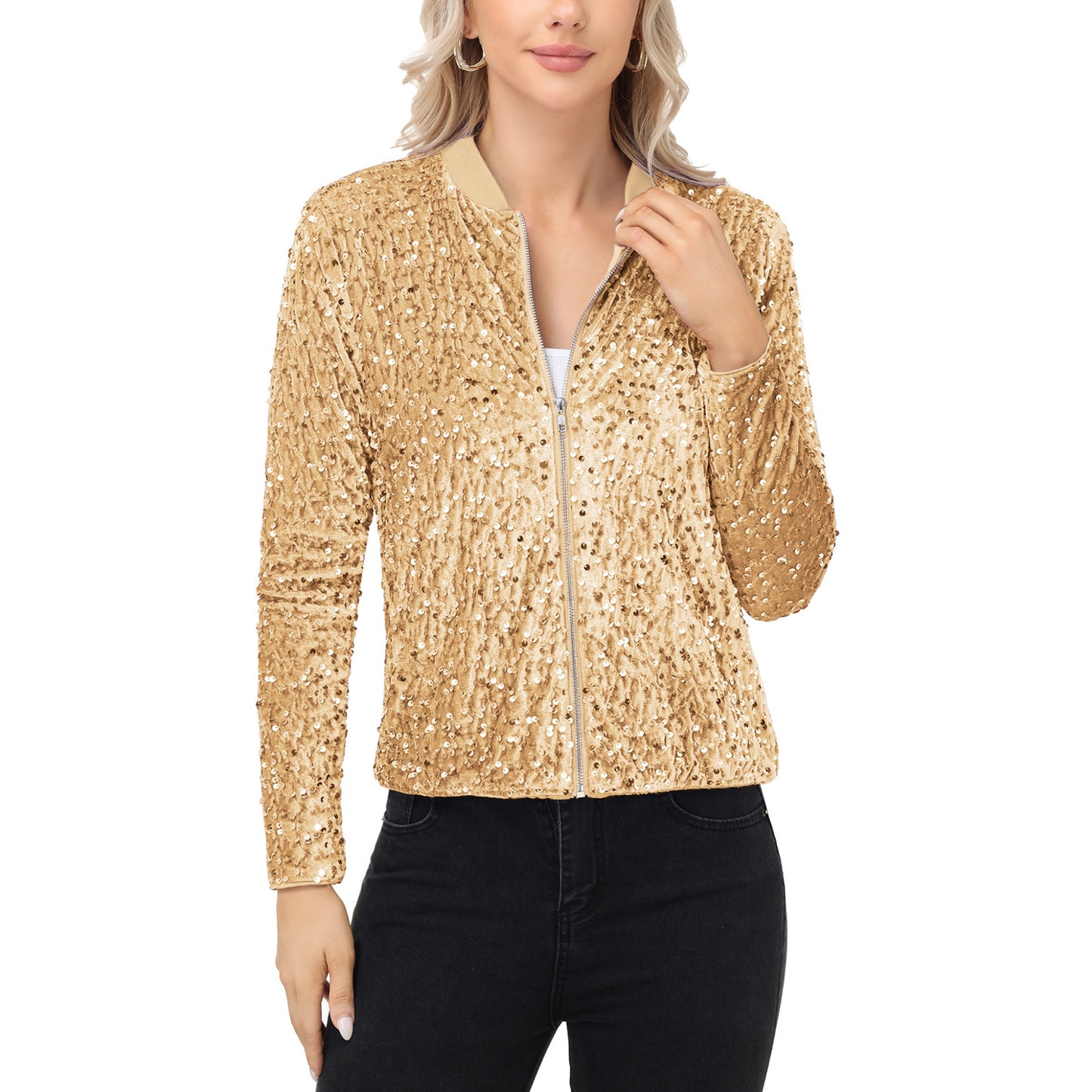 Anna-Kaci Women's Sequin Bomber Jacket with Front Zipper Closure and Ribbed Trim