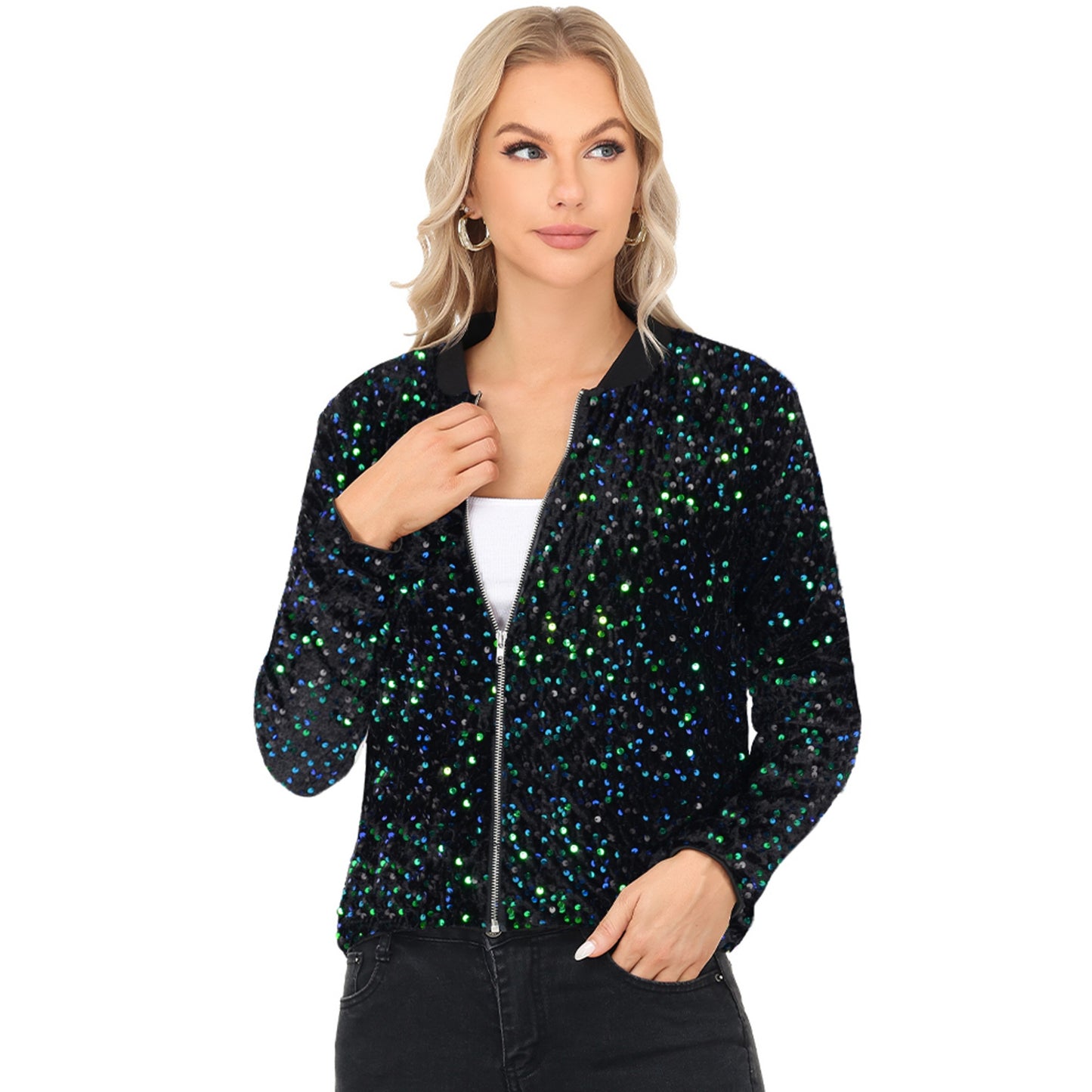 Anna-Kaci Women's Sequin Bomber Jacket with Front Zipper Closure and Ribbed Trim