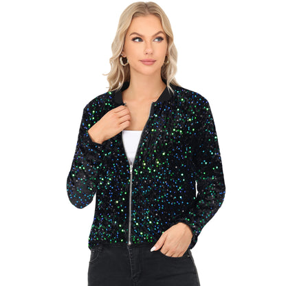 Anna-Kaci Women's Sequin Bomber Jacket with Front Zipper Closure and Ribbed Trim