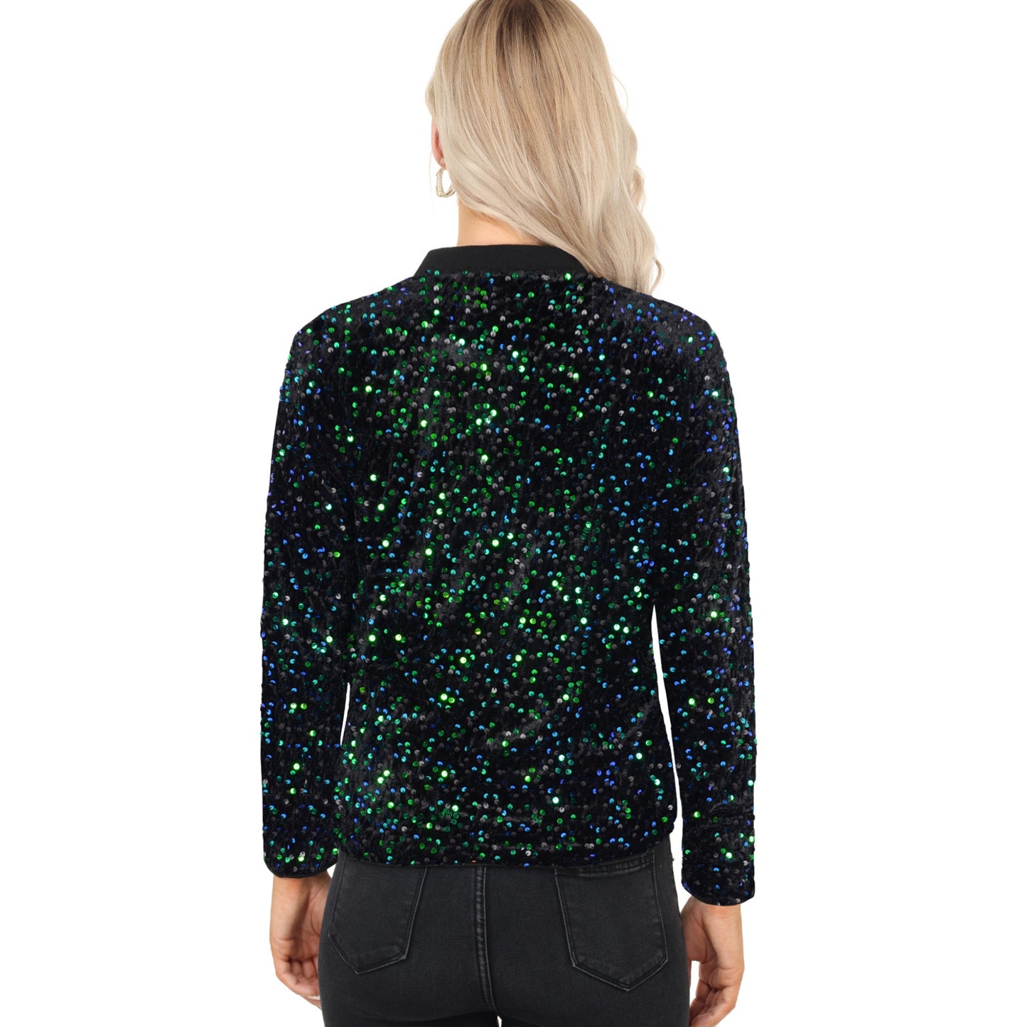 Anna-Kaci Women's Sequin Bomber Jacket with Front Zipper Closure and Ribbed Trim