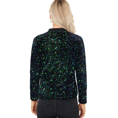 Anna-Kaci Women's Sequin Bomber Jacket with Front Zipper Closure and Ribbed Trim