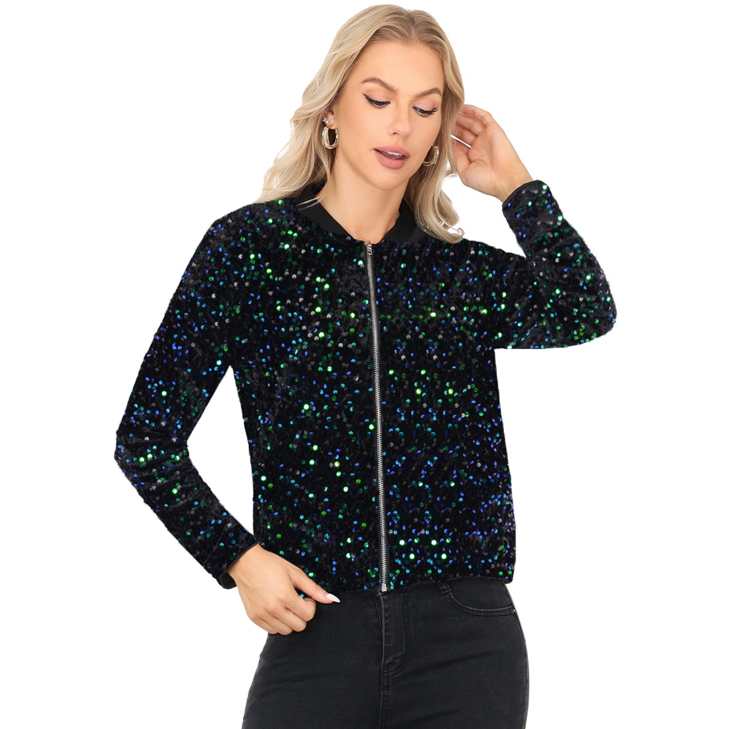 Anna-Kaci Women's Sequin Bomber Jacket with Front Zipper Closure and Ribbed Trim