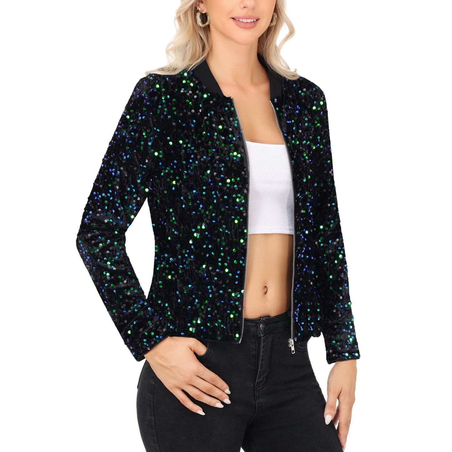 Anna-Kaci Women's Sequin Bomber Jacket with Front Zipper Closure and Ribbed Trim
