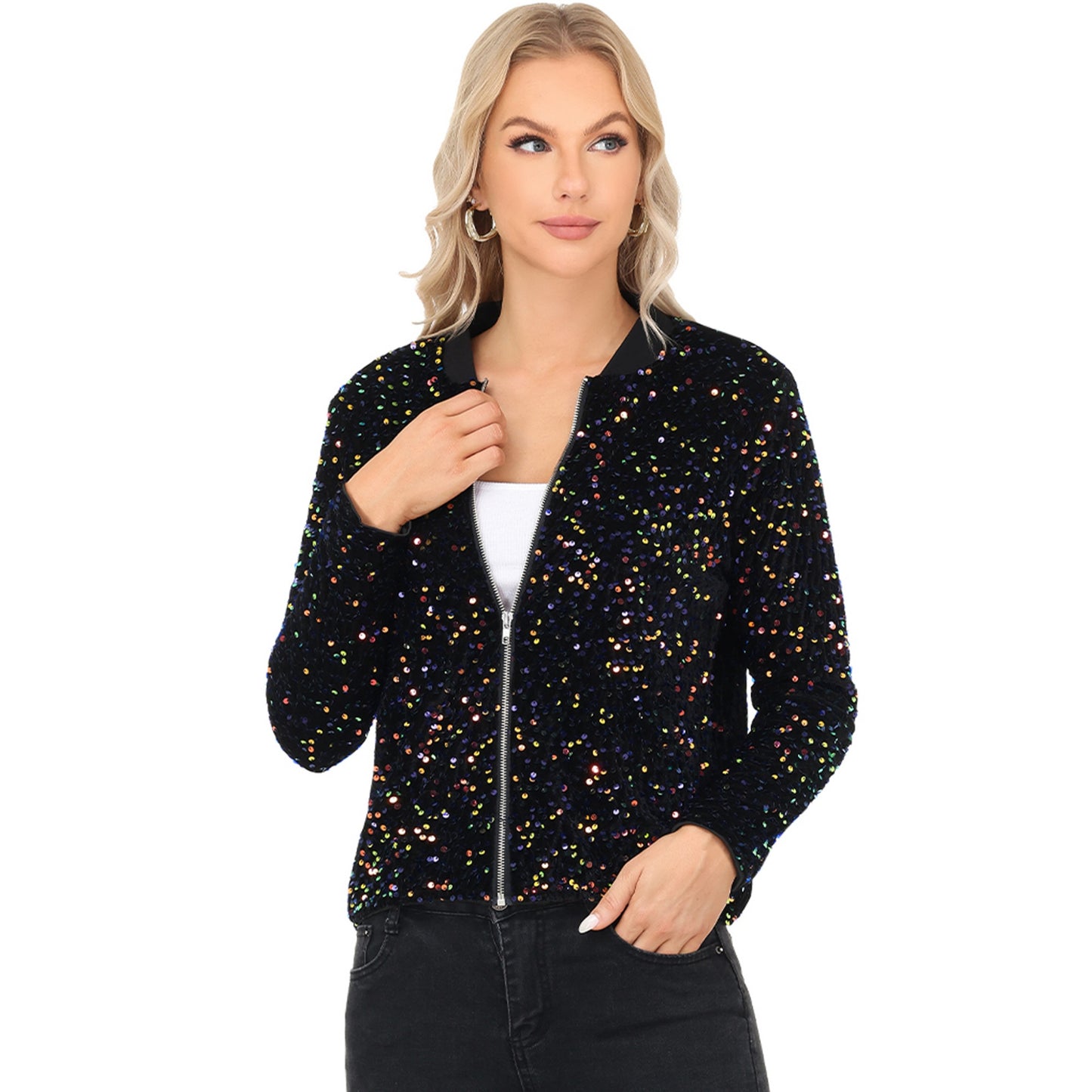 Anna-Kaci Women's Sequin Bomber Jacket with Front Zipper Closure and Ribbed Trim