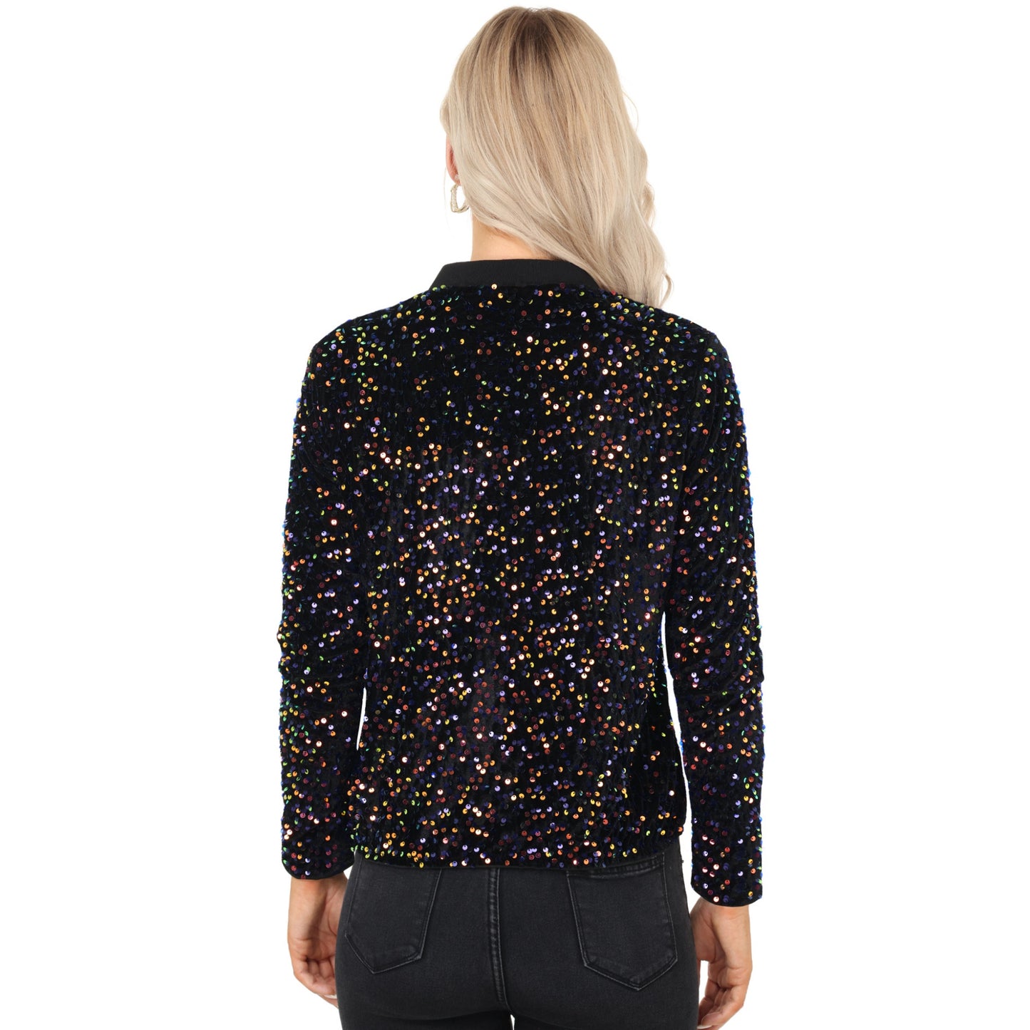 Anna-Kaci Women's Sequin Bomber Jacket with Front Zipper Closure and Ribbed Trim