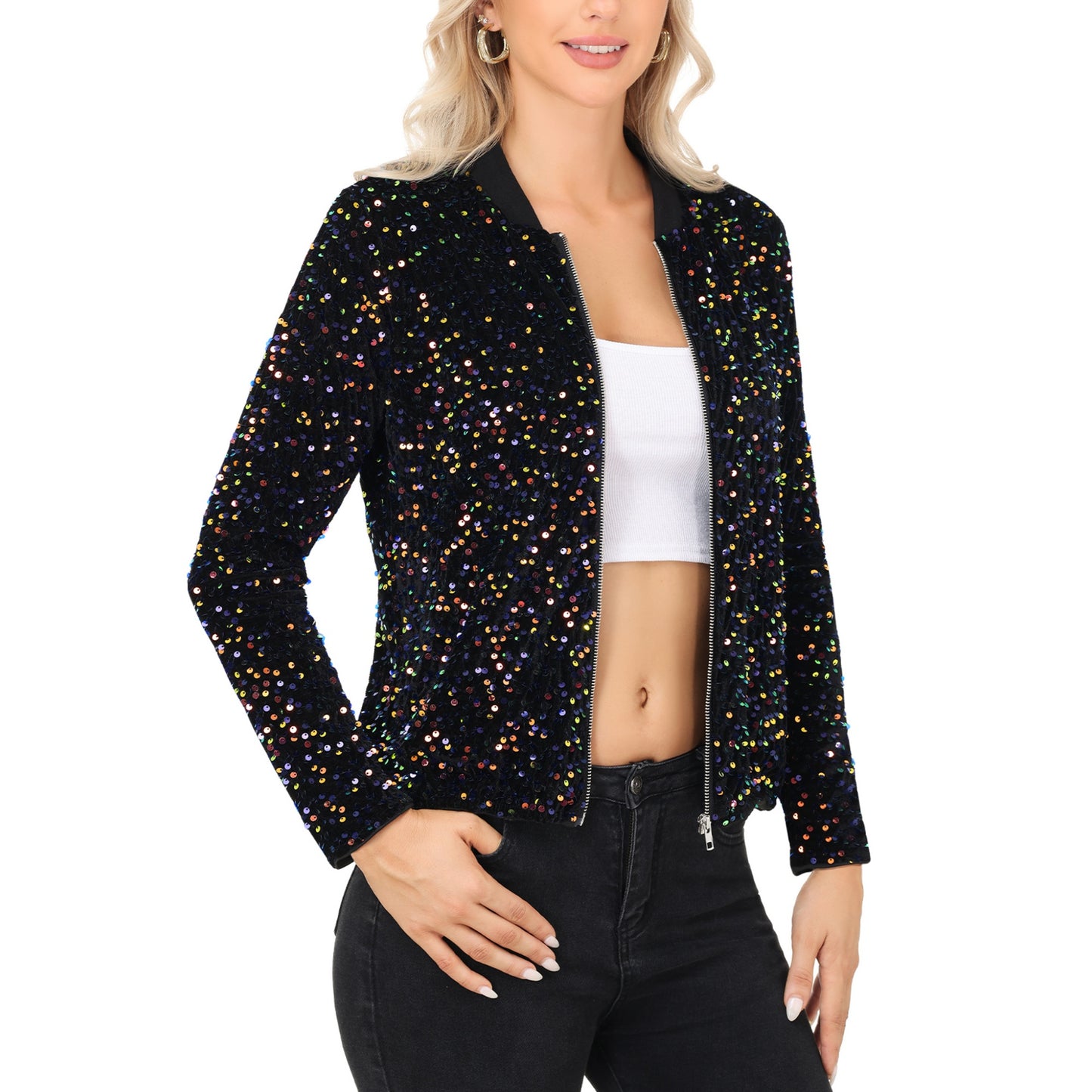 Anna-Kaci Women's Sequin Bomber Jacket with Front Zipper Closure and Ribbed Trim