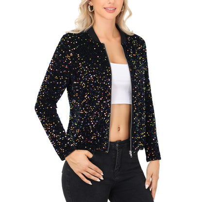 Anna-Kaci Women's Sequin Bomber Jacket with Front Zipper Closure and Ribbed Trim