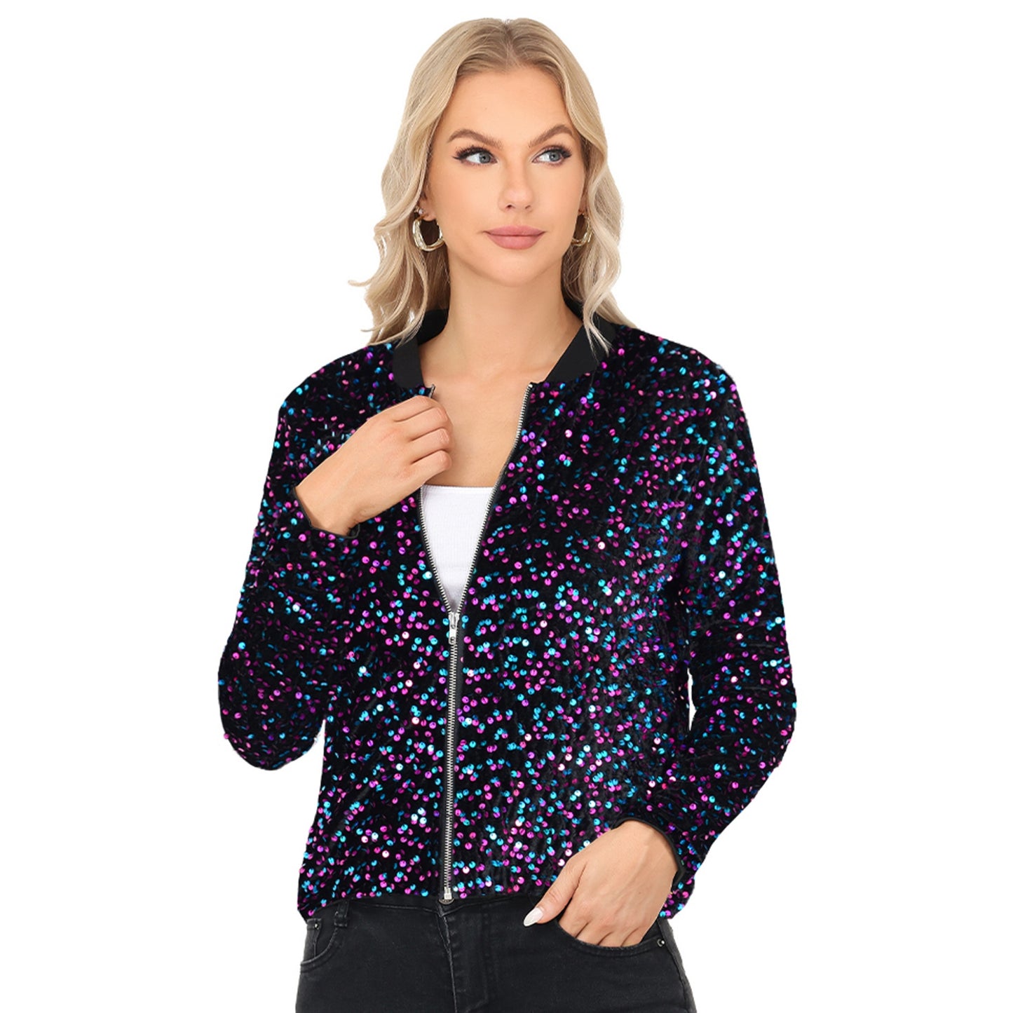 Anna-Kaci Women's Sequin Bomber Jacket with Front Zipper Closure and Ribbed Trim