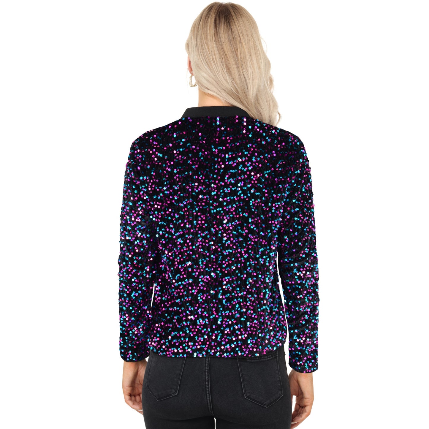 Anna-Kaci Women's Sequin Bomber Jacket with Front Zipper Closure and Ribbed Trim