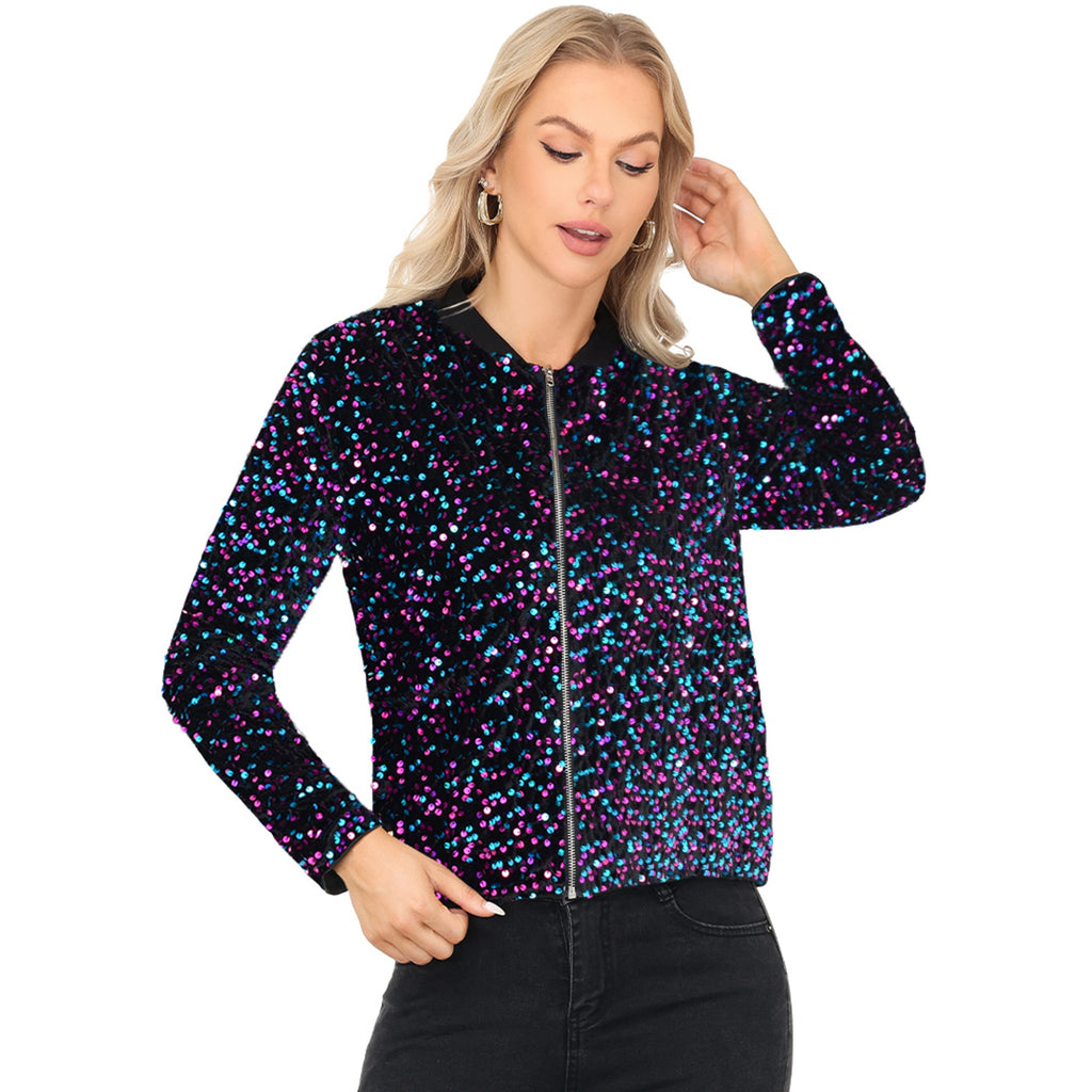 Anna-Kaci Women's Sequin Bomber Jacket with Front Zipper Closure and Ribbed Trim