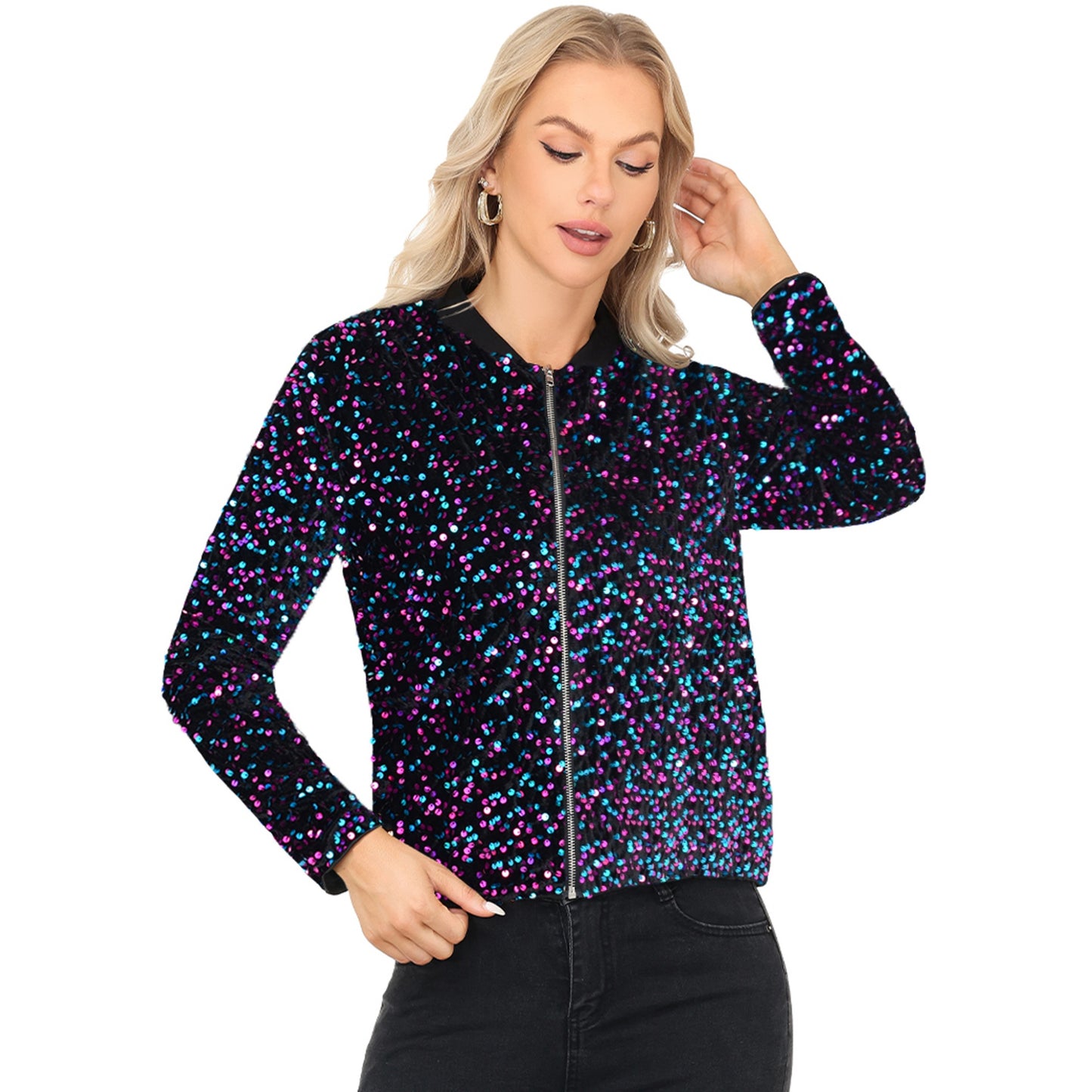 Anna-Kaci Women's Sequin Bomber Jacket with Front Zipper Closure and Ribbed Trim