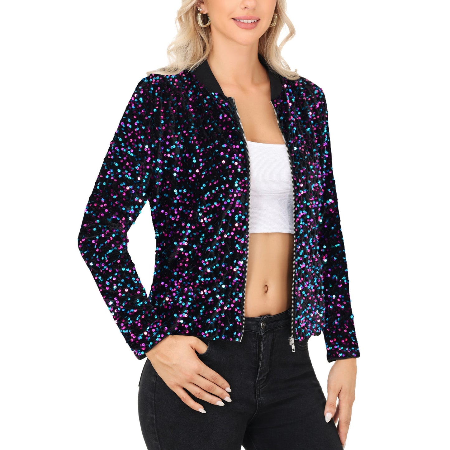 Anna-Kaci Women's Sequin Bomber Jacket with Front Zipper Closure and Ribbed Trim