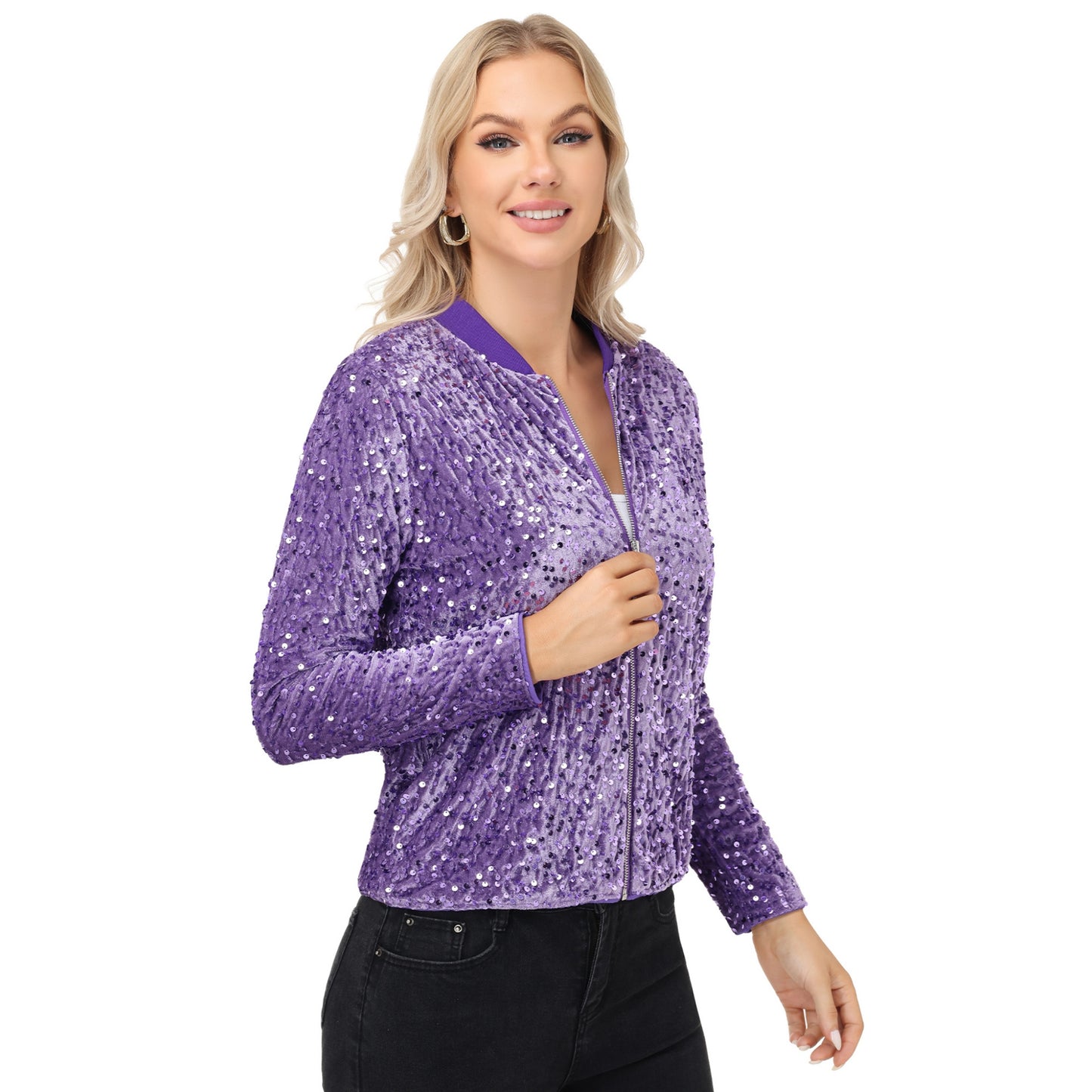 Anna-Kaci Women's Sequin Bomber Jacket with Front Zipper Closure and Ribbed Trim
