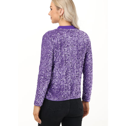 Anna-Kaci Women's Sequin Bomber Jacket with Front Zipper Closure and Ribbed Trim