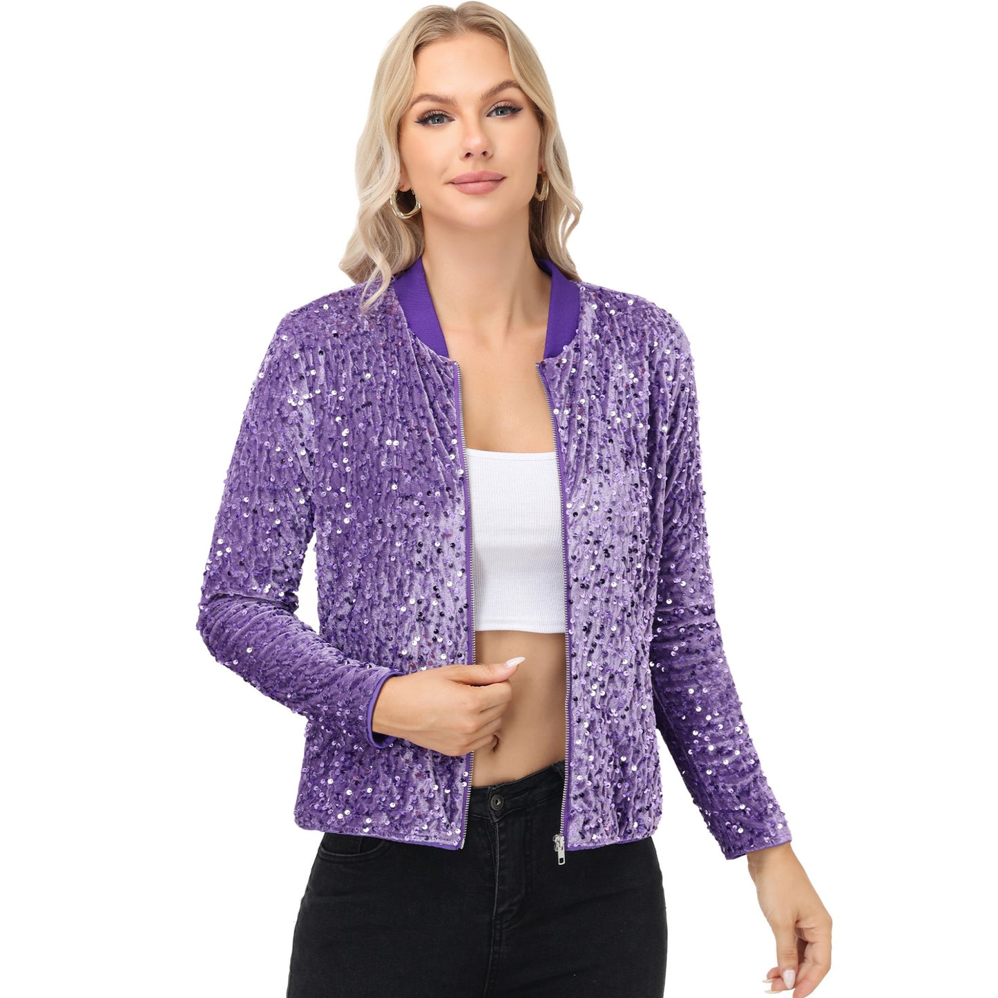 Anna-Kaci Women's Sequin Bomber Jacket with Front Zipper Closure and Ribbed Trim
