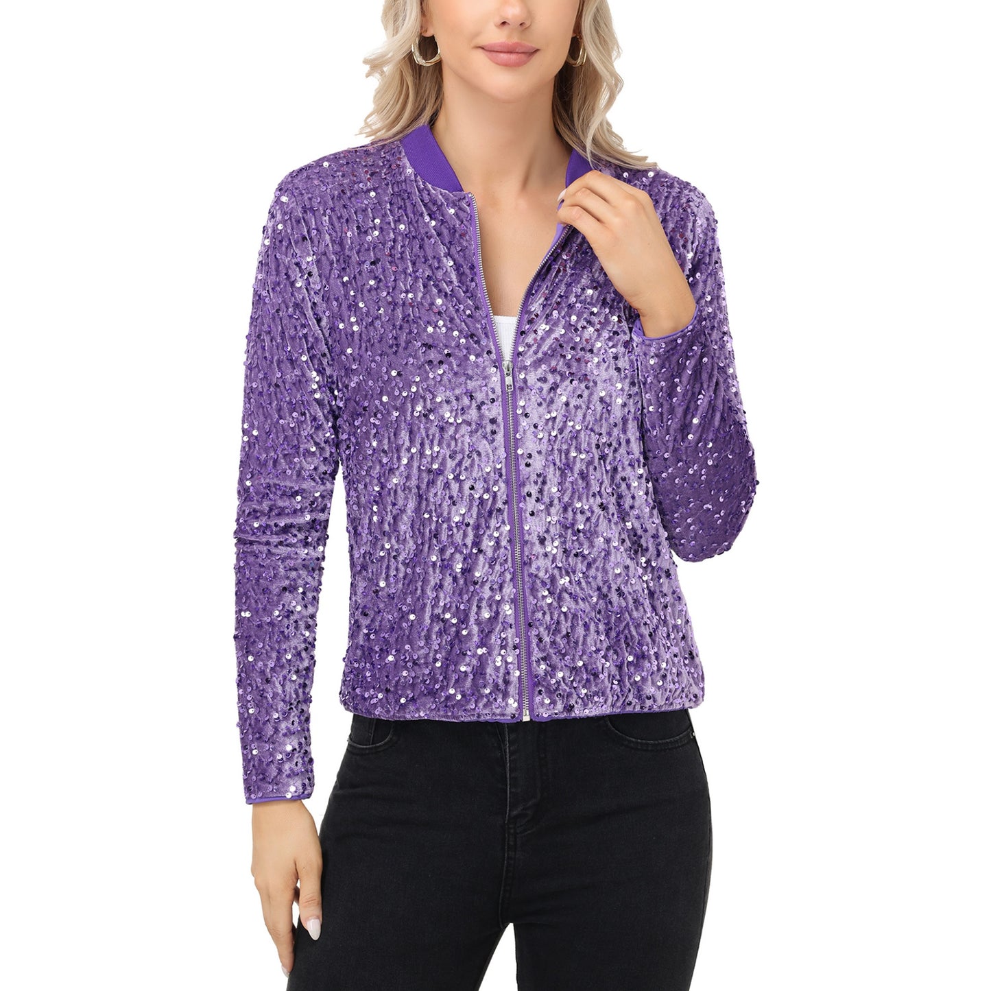 Anna-Kaci Women's Sequin Bomber Jacket with Front Zipper Closure and Ribbed Trim