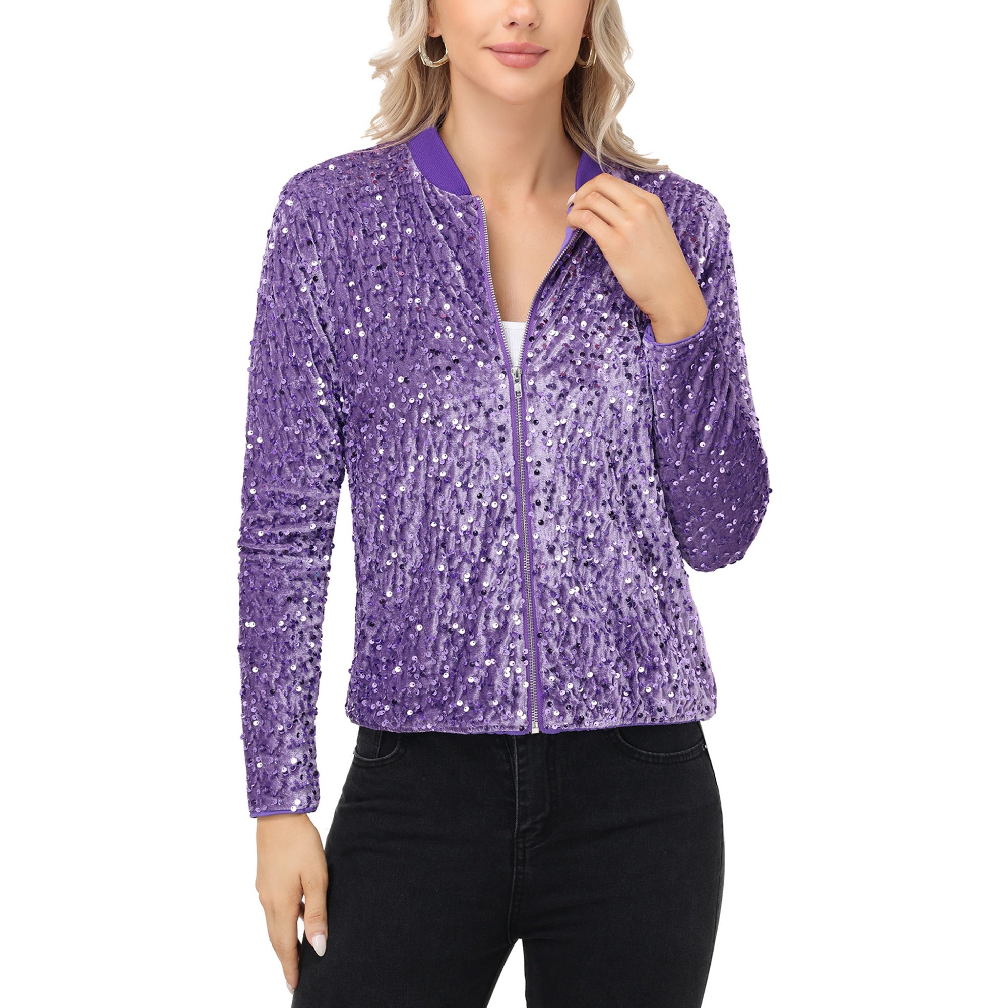 Anna-Kaci Women's Sequin Bomber Jacket with Front Zipper Closure and Ribbed Trim