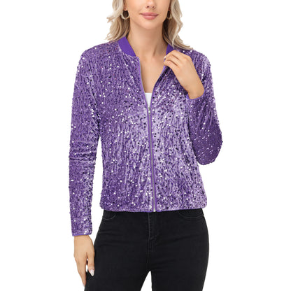 Anna-Kaci Women's Sequin Bomber Jacket with Front Zipper Closure and Ribbed Trim