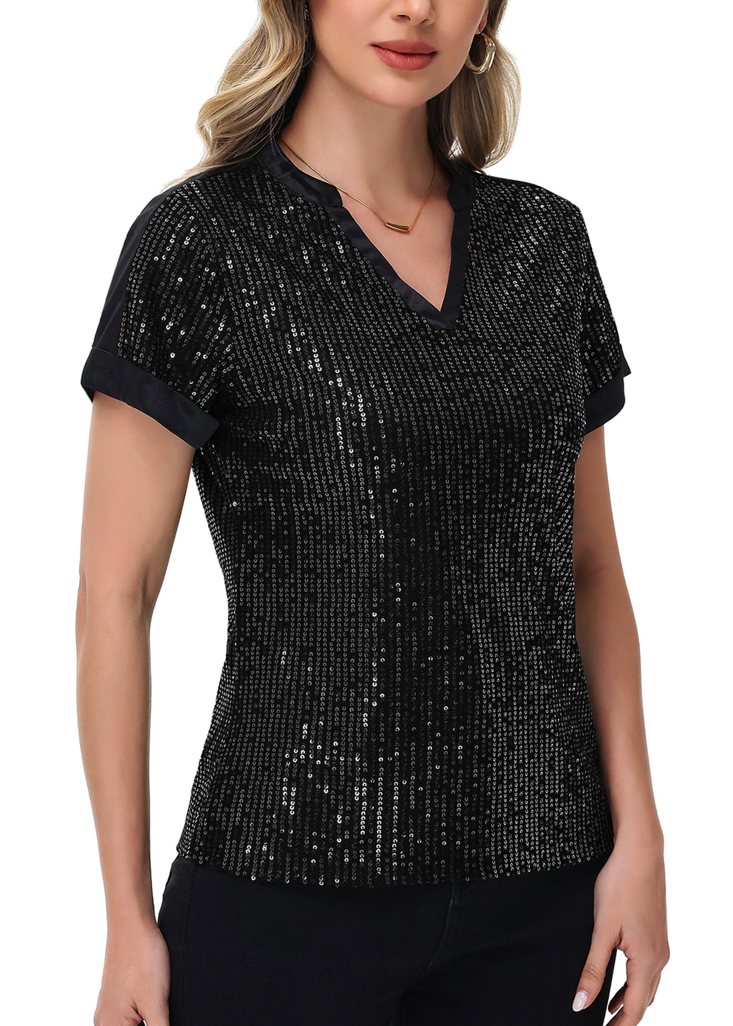 Anna-Kaci Women's Sequin Top Shirt Short Sleeve with Satin V Neckline Glitter Party Tunic Blouse
