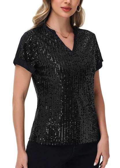 Anna-Kaci Women's Sequin Top Shirt Short Sleeve with Satin V Neckline Glitter Party Tunic Blouse