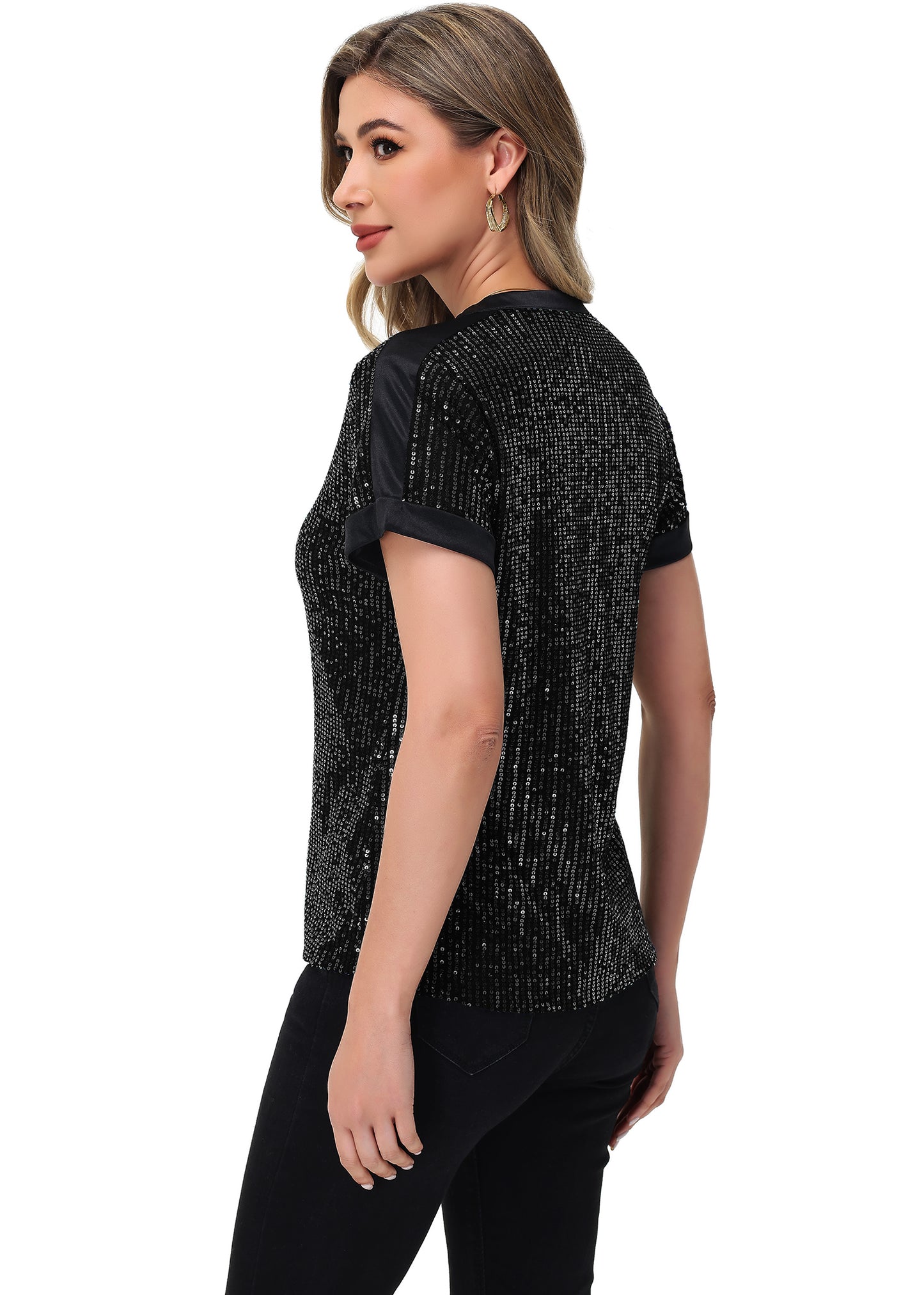 Anna-Kaci Women's Sequin Top Shirt Short Sleeve with Satin V Neckline Glitter Party Tunic Blouse