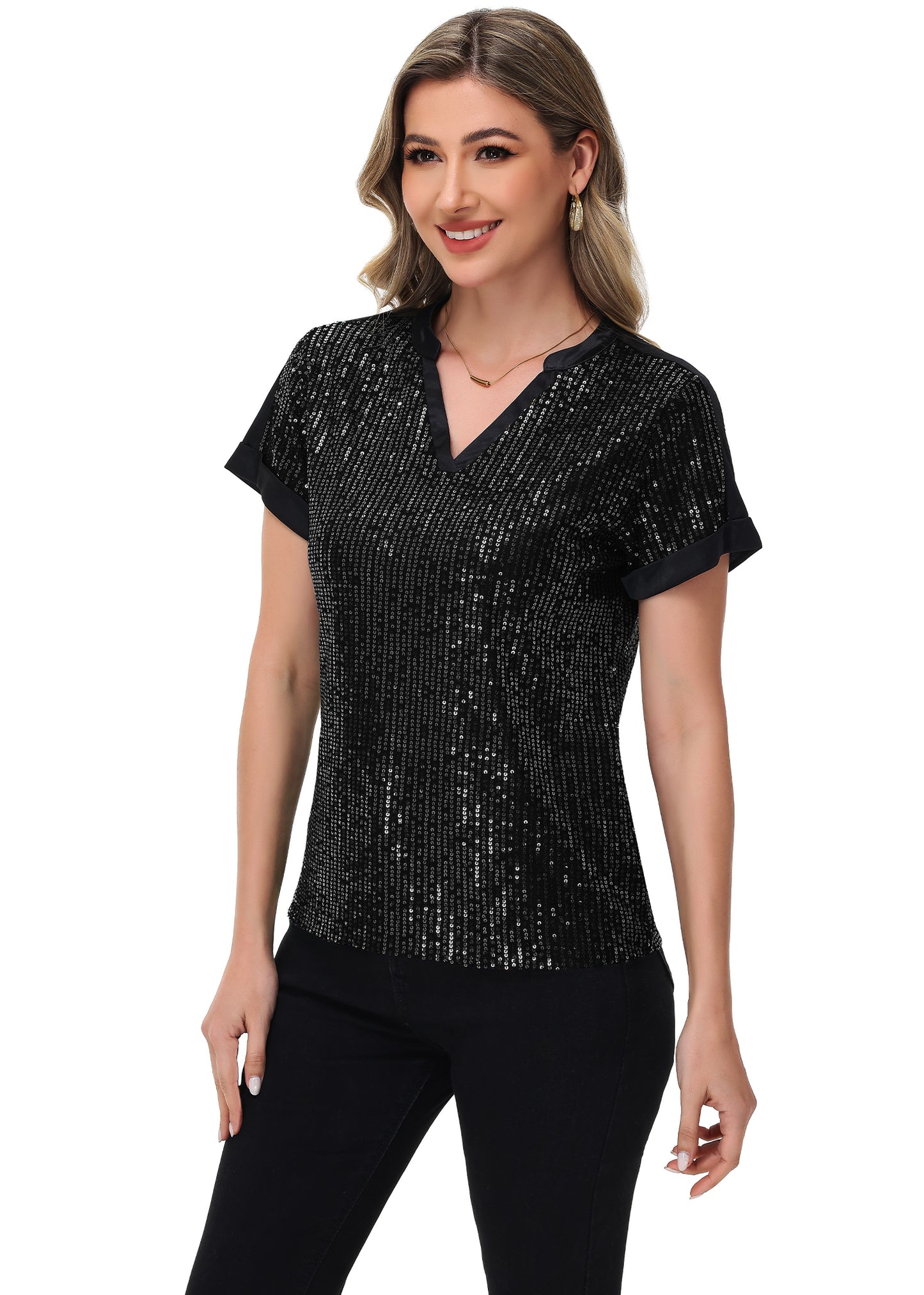 Anna-Kaci Women's Sequin Top Shirt Short Sleeve with Satin V Neckline Glitter Party Tunic Blouse