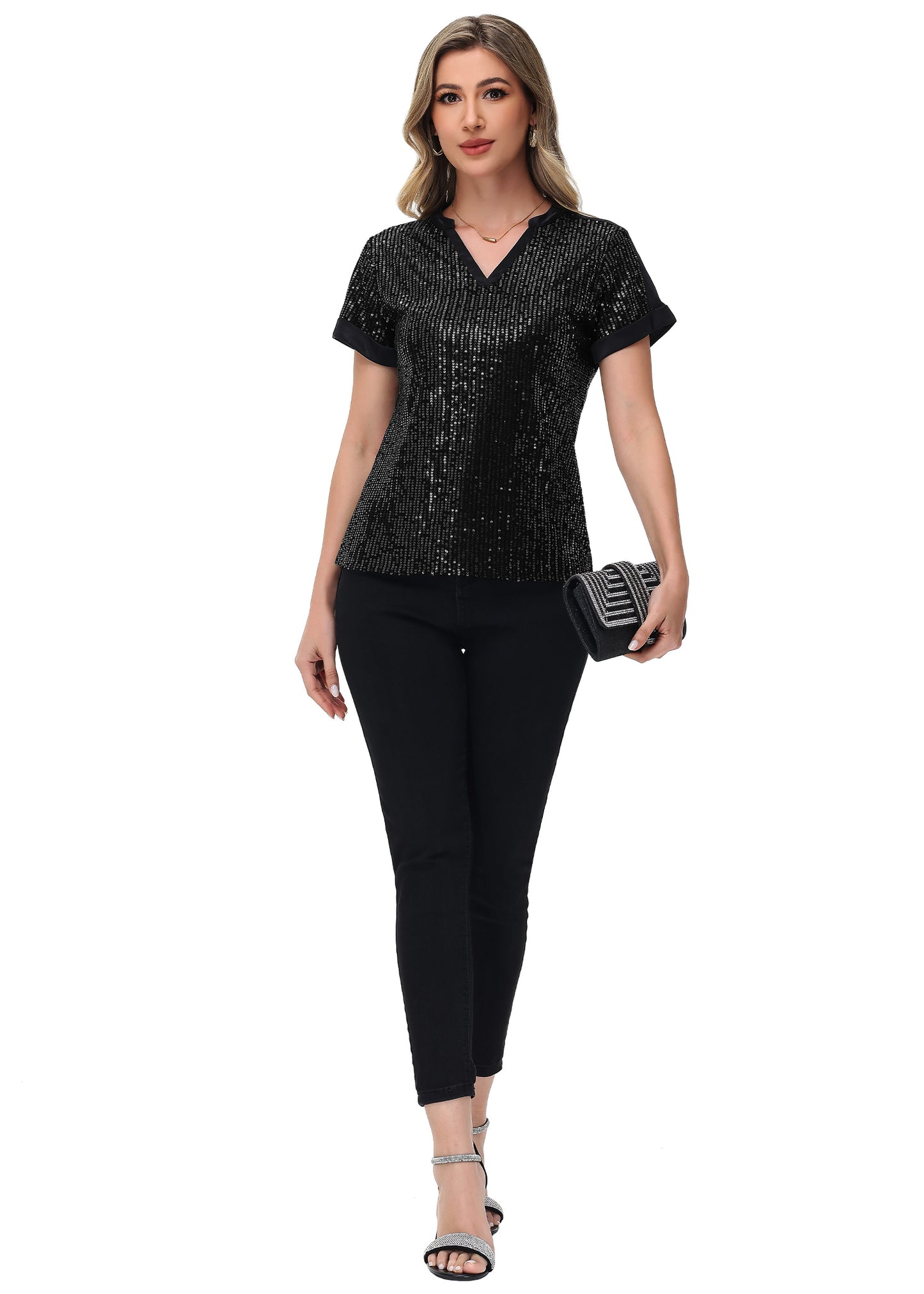 Anna-Kaci Women's Sequin Top Shirt Short Sleeve with Satin V Neckline Glitter Party Tunic Blouse