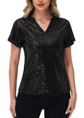 Anna-Kaci Women's Sequin Top Shirt Short Sleeve with Satin V Neckline Glitter Party Tunic Blouse