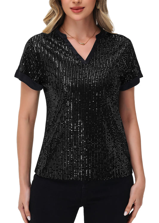 Anna-Kaci Women's Sequin Top Shirt Short Sleeve with Satin V Neckline Glitter Party Tunic Blouse