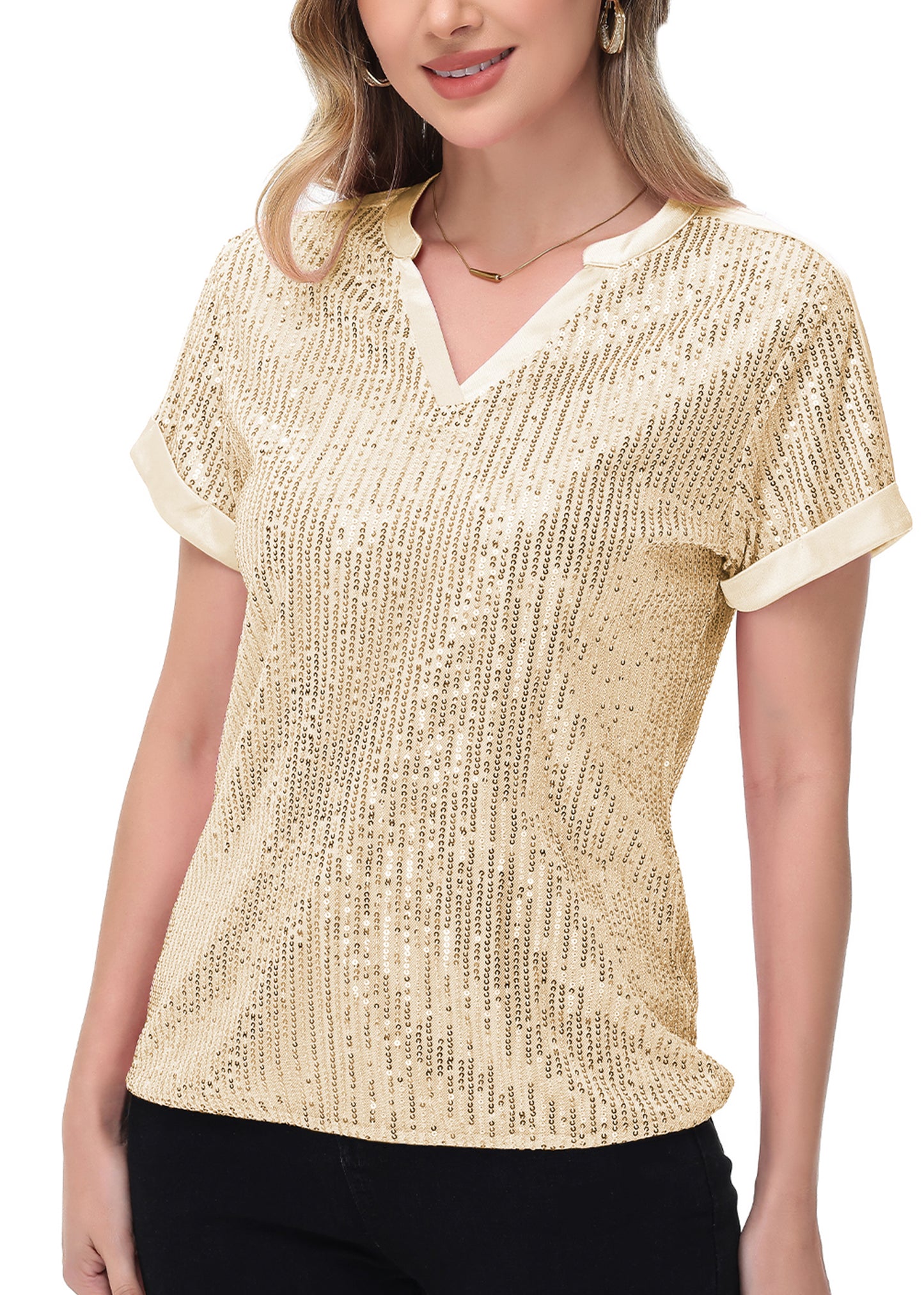 Anna-Kaci Women's Sequin Top Shirt Short Sleeve with Satin V Neckline Glitter Party Tunic Blouse