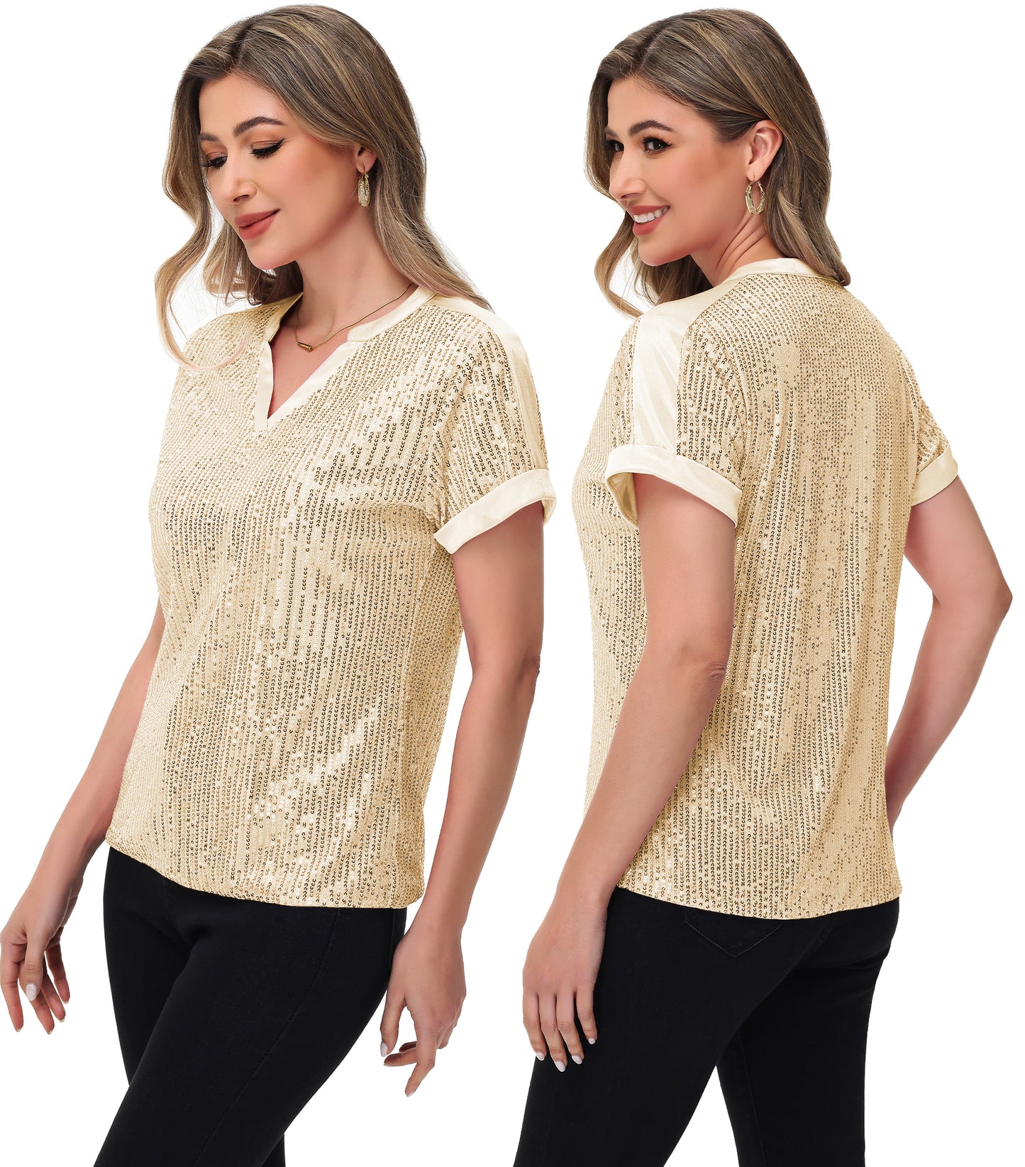 Anna-Kaci Women's Sequin Top Shirt Short Sleeve with Satin V Neckline Glitter Party Tunic Blouse