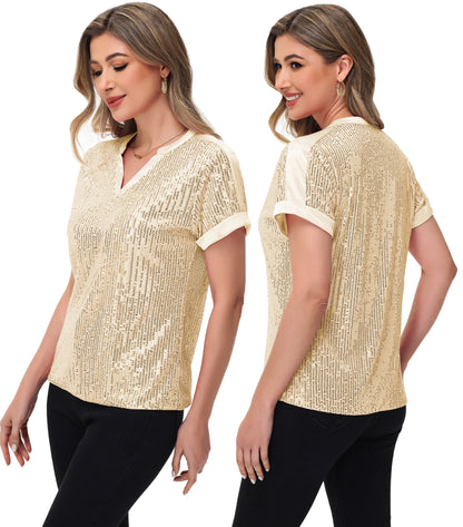 Anna-Kaci Women's Sequin Top Shirt Short Sleeve with Satin V Neckline Glitter Party Tunic Blouse