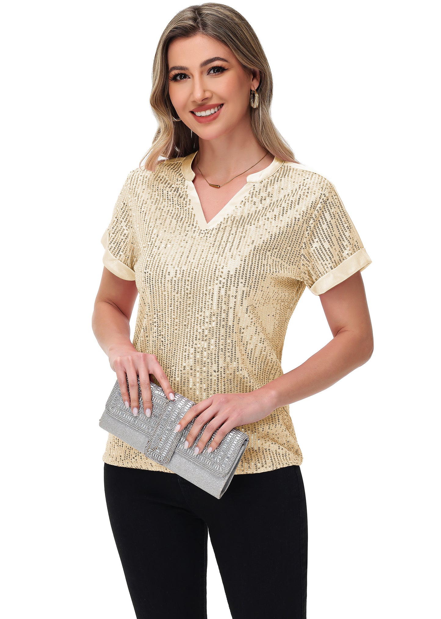 Anna-Kaci Women's Sequin Top Shirt Short Sleeve with Satin V Neckline Glitter Party Tunic Blouse