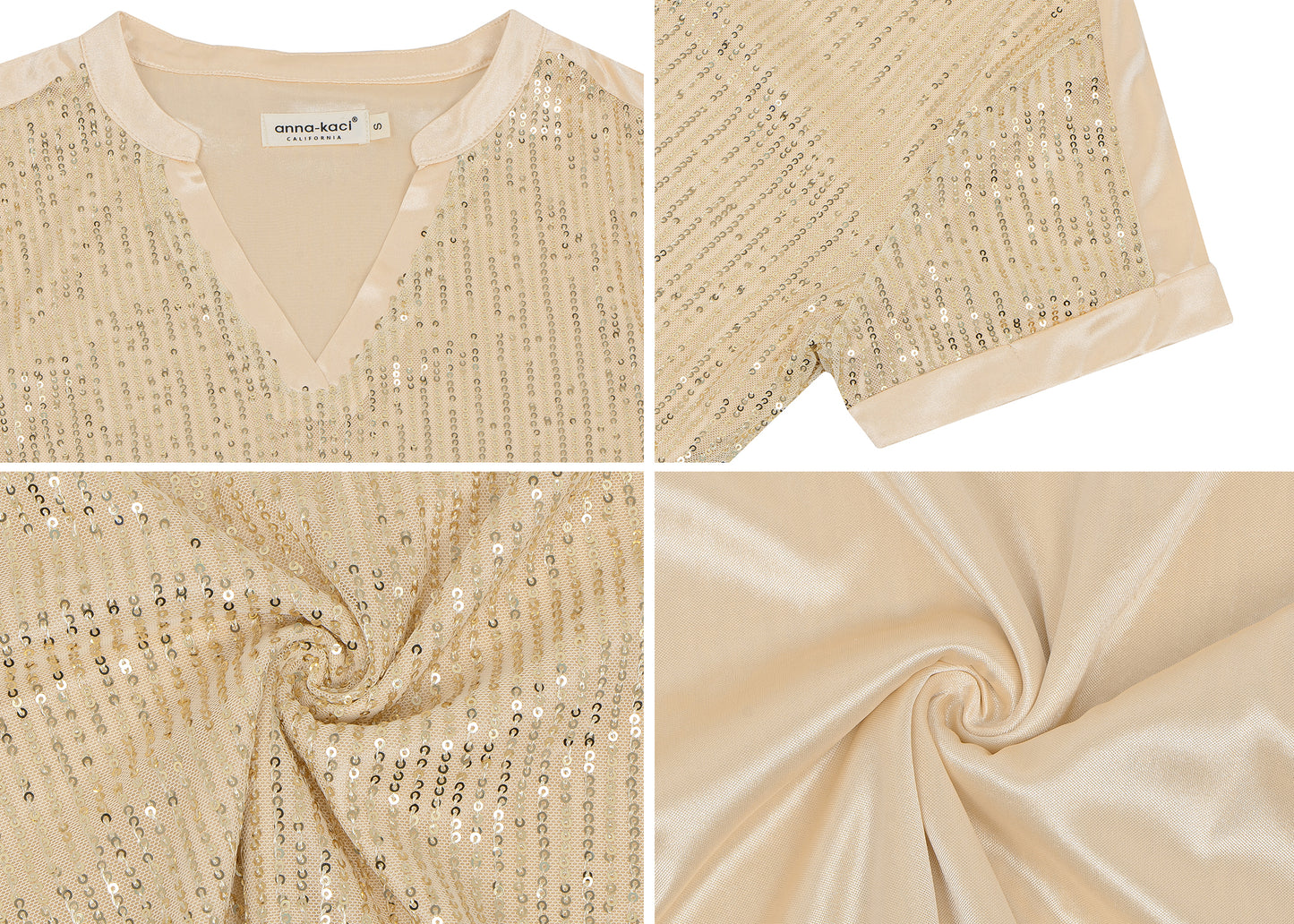 Anna-Kaci Women's Sequin Top Shirt Short Sleeve with Satin V Neckline Glitter Party Tunic Blouse