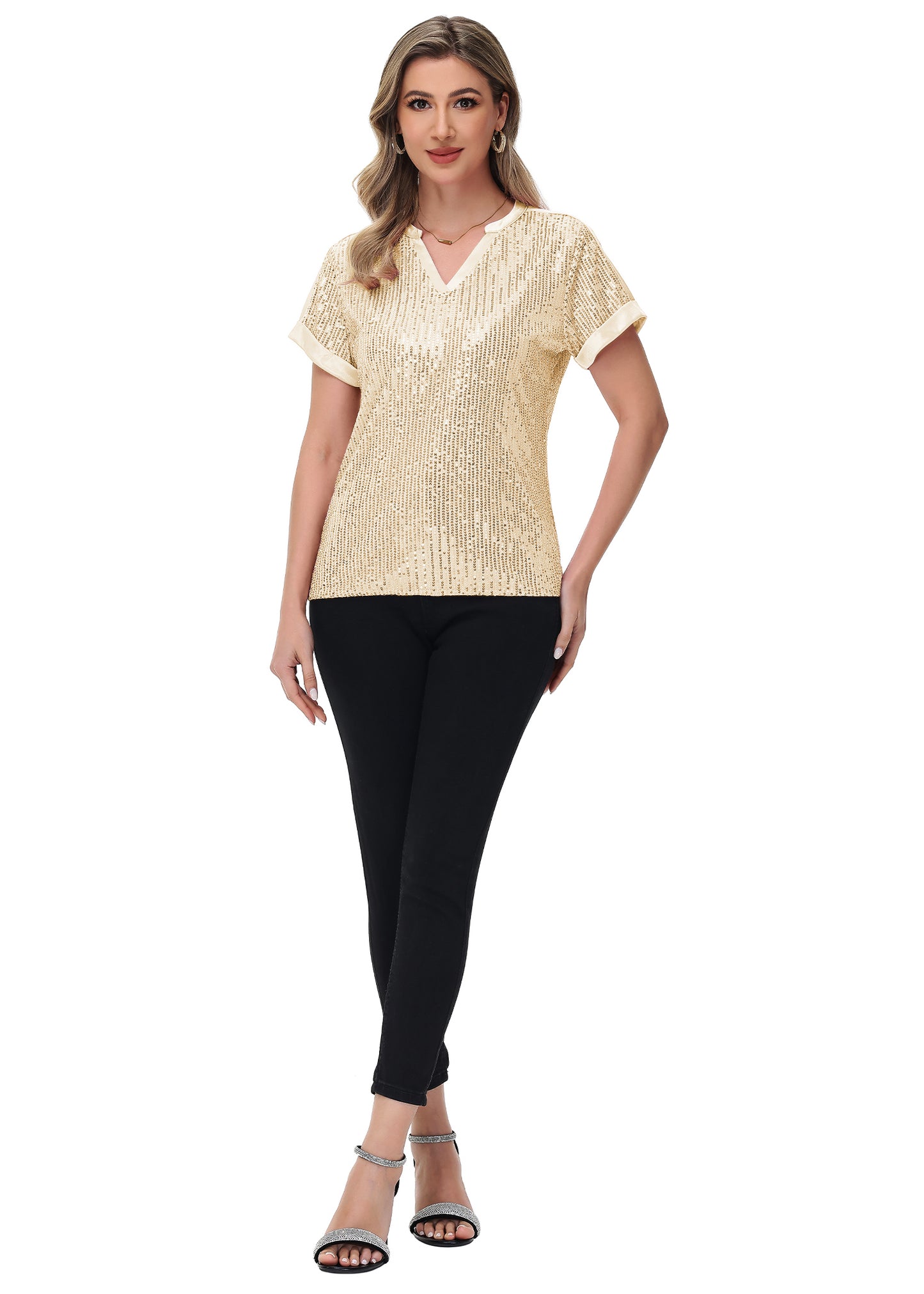 Anna-Kaci Women's Sequin Top Shirt Short Sleeve with Satin V Neckline Glitter Party Tunic Blouse