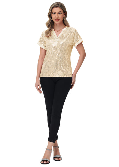 Anna-Kaci Women's Sequin Top Shirt Short Sleeve with Satin V Neckline Glitter Party Tunic Blouse
