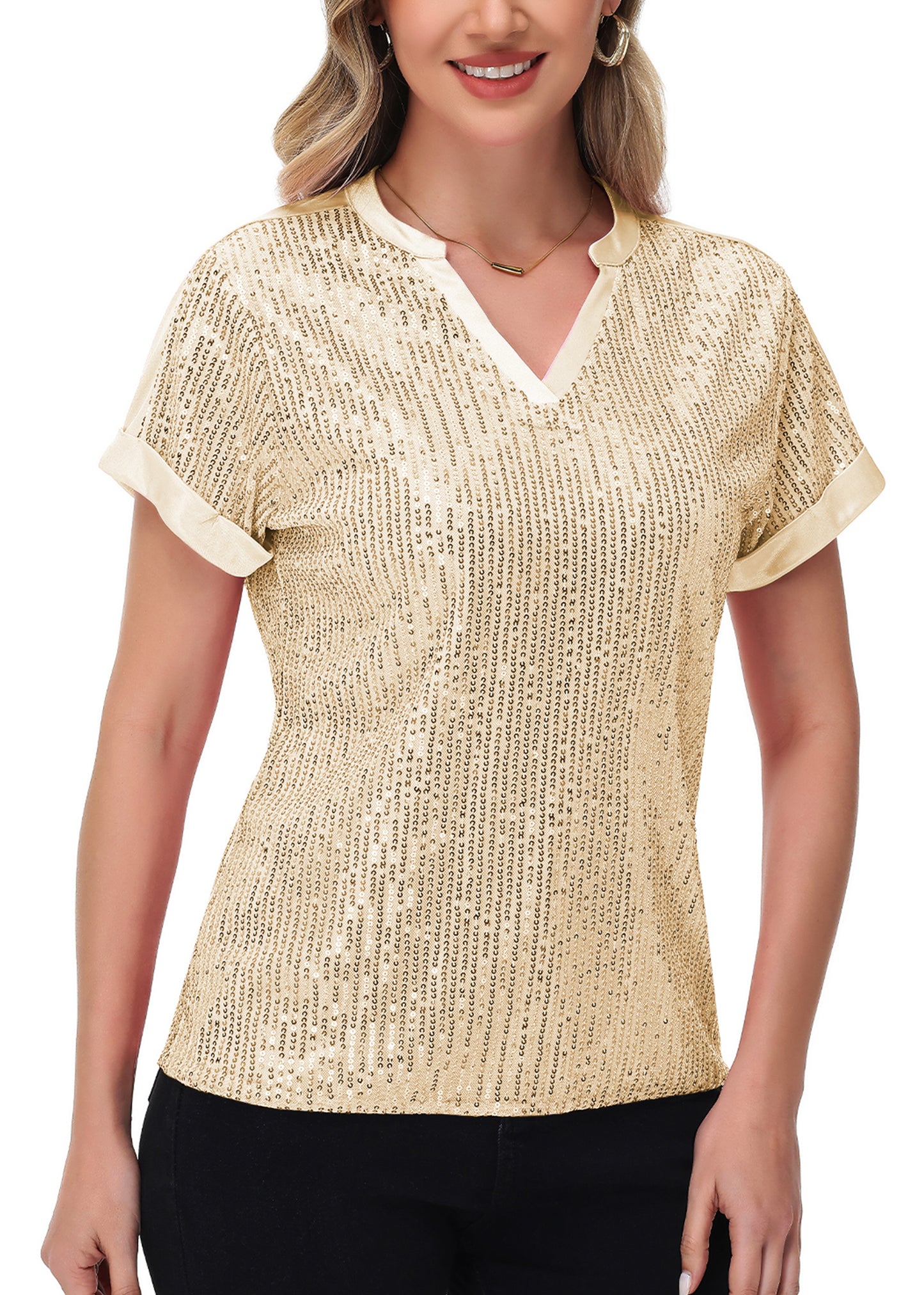 Anna-Kaci Women's Sequin Top Shirt Short Sleeve with Satin V Neckline Glitter Party Tunic Blouse