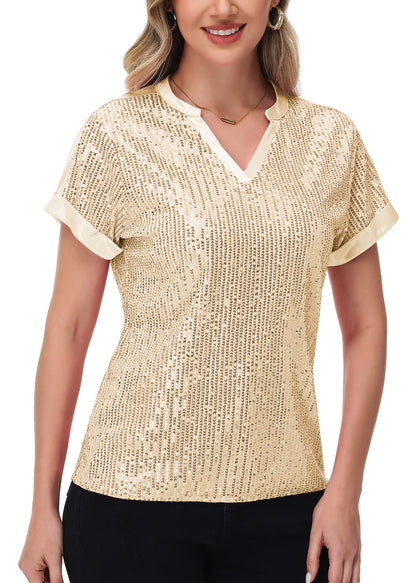 Anna-Kaci Women's Sequin Top Shirt Short Sleeve with Satin V Neckline Glitter Party Tunic Blouse