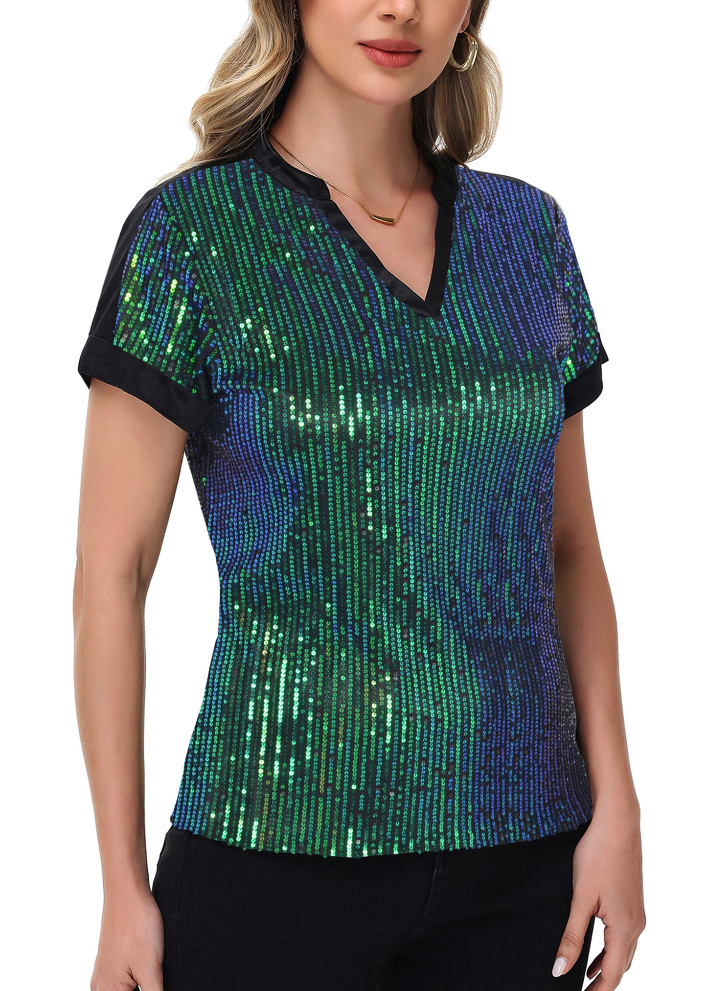 Anna-Kaci Women's Sequin Top Shirt Short Sleeve with Satin V Neckline Glitter Party Tunic Blouse