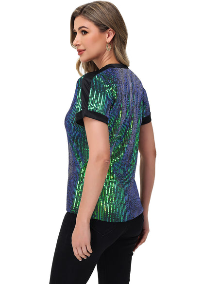 Anna-Kaci Women's Sequin Top Shirt Short Sleeve with Satin V Neckline Glitter Party Tunic Blouse