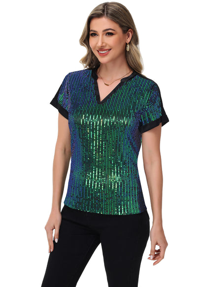 Anna-Kaci Women's Sequin Top Shirt Short Sleeve with Satin V Neckline Glitter Party Tunic Blouse