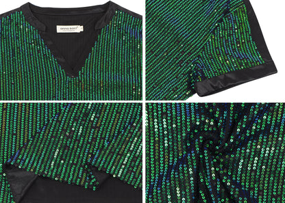 Anna-Kaci Women's Sequin Top Shirt Short Sleeve with Satin V Neckline Glitter Party Tunic Blouse