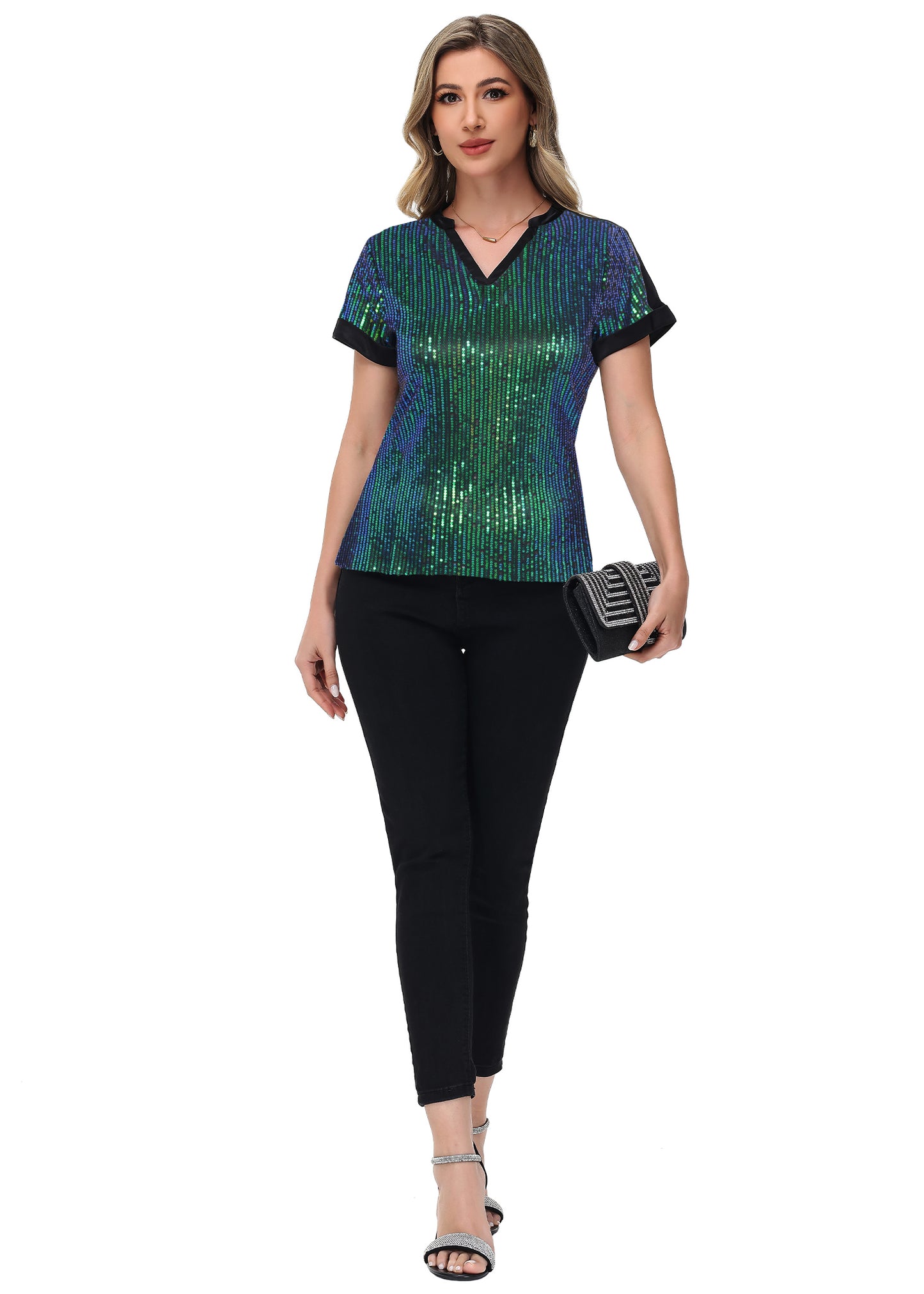 Anna-Kaci Women's Sequin Top Shirt Short Sleeve with Satin V Neckline Glitter Party Tunic Blouse