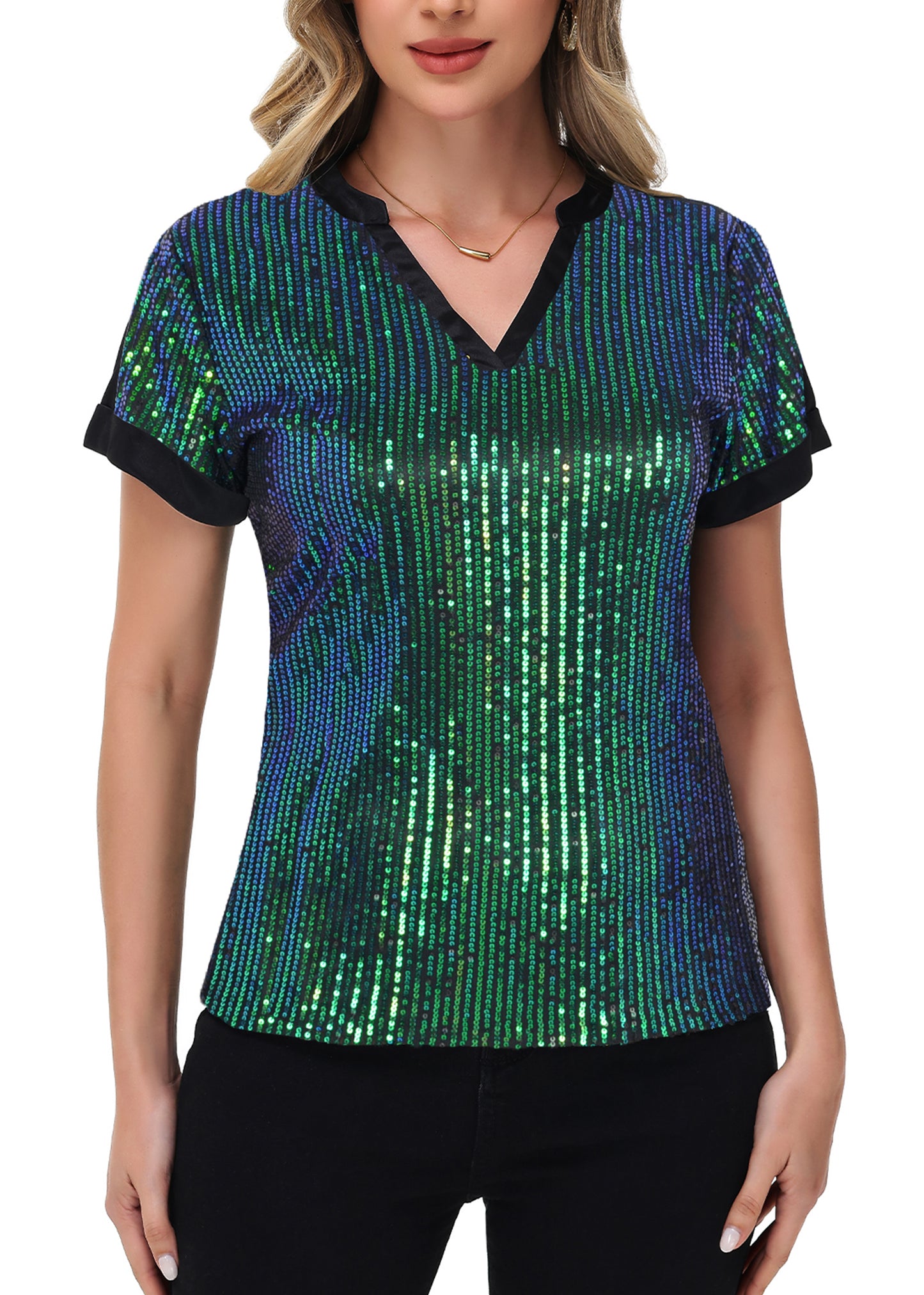 Anna-Kaci Women's Sequin Top Shirt Short Sleeve with Satin V Neckline Glitter Party Tunic Blouse