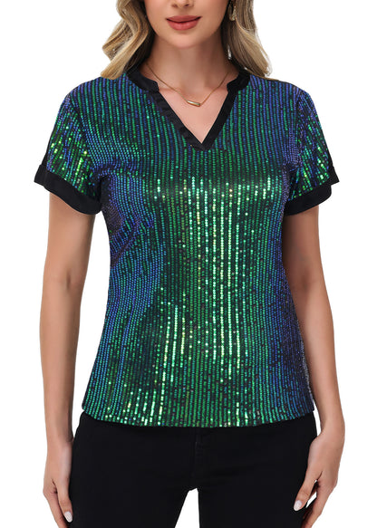 Anna-Kaci Women's Sequin Top Shirt Short Sleeve with Satin V Neckline Glitter Party Tunic Blouse