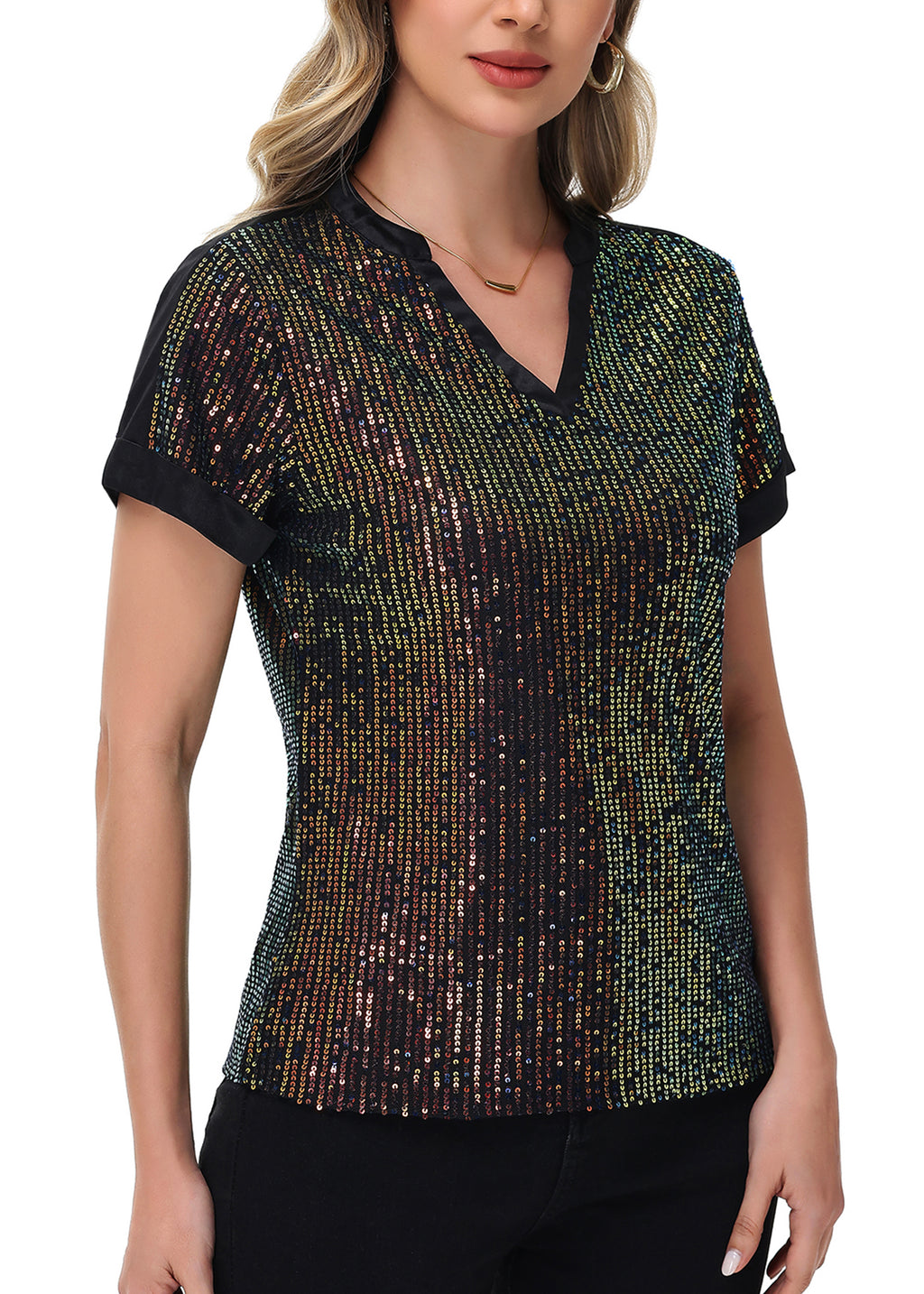 Anna-Kaci Women's Sequin Top Shirt Short Sleeve with Satin V Neckline Glitter Party Tunic Blouse