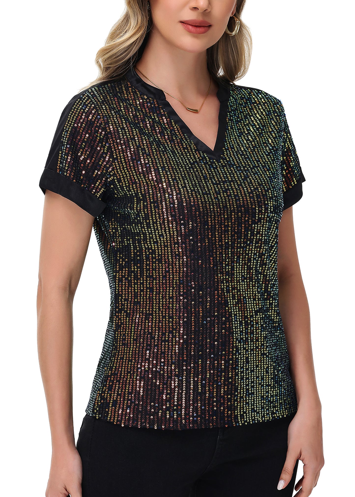 Anna-Kaci Women's Sequin Top Shirt Short Sleeve with Satin V Neckline Glitter Party Tunic Blouse