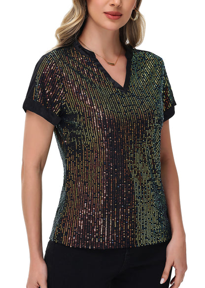Anna-Kaci Women's Sequin Top Shirt Short Sleeve with Satin V Neckline Glitter Party Tunic Blouse